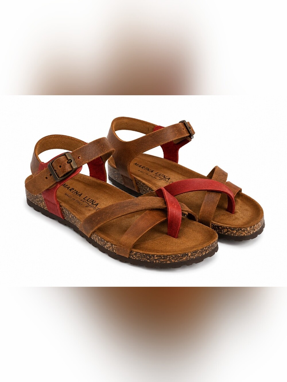 NWOT Marina Luna Comfort Italy Leather Cork Sandals Red Brown EU 39 US 8.5